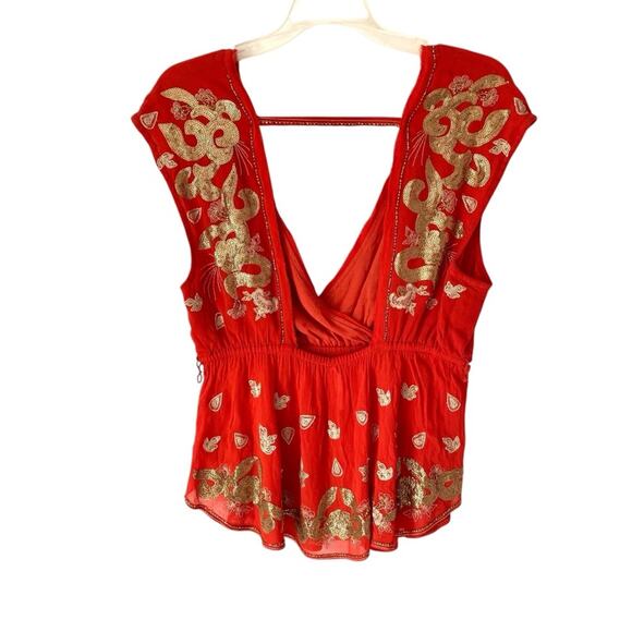 Free People Ooh La La Sequin Embroidered Blouse Orange Gold size small - Picture 7 of 10